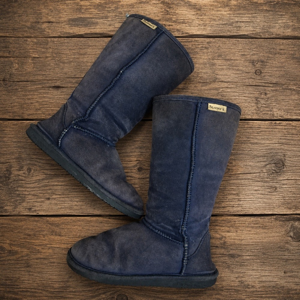 Bearpaw Tall Navy Blue Suede Sheepskin Wool Boots 7 2000s Fall Y2K Cozy
